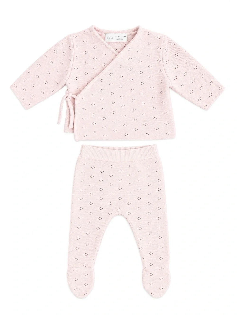 Zara Baby Newborn Pointelle Knit Wrap Sweater & Footed Pants Set 0-1M